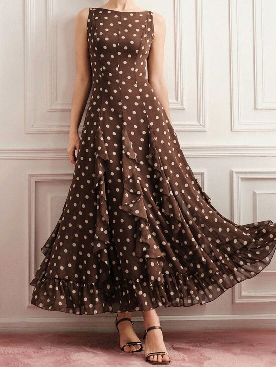 MODA ME COUTURE Dresses & Skirts - Coffee Elegant Women's Waist Cinched Ruffle Hem polka dot Slim Fit Dress